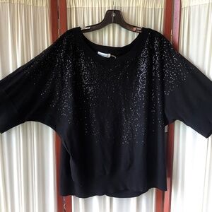 Calvin Klein Womens Sequin Black Silk Rayon Knit Top 3/4 Dolman Sleeve Size 2X